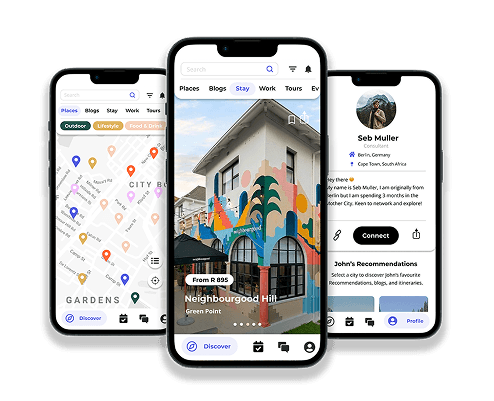 Three overlapping iPhones displaying a mobile application